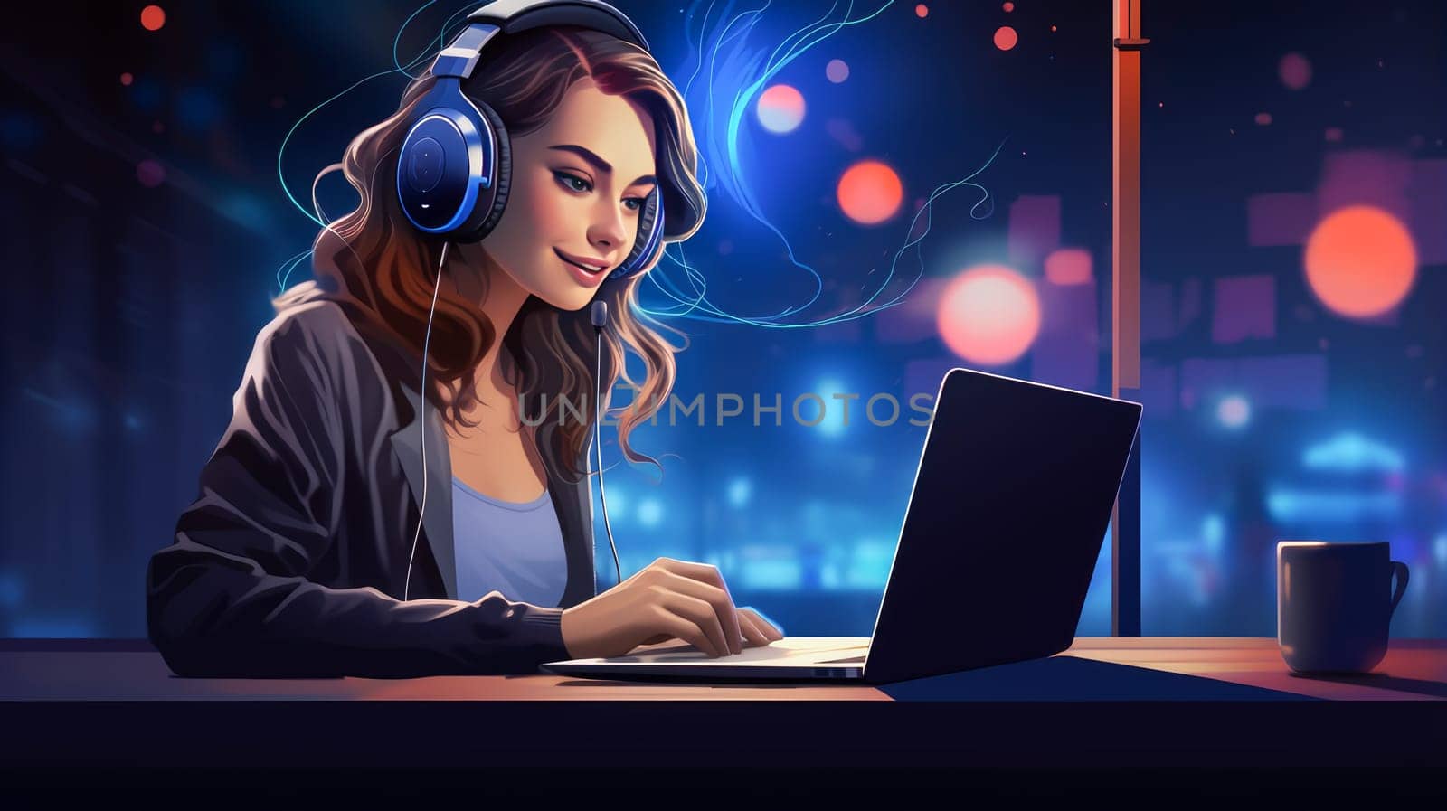 Portrait of a young modern DJ girl wearing headphones and using a laptop against the backdrop of a night city and neon lights in a futuristic style.....