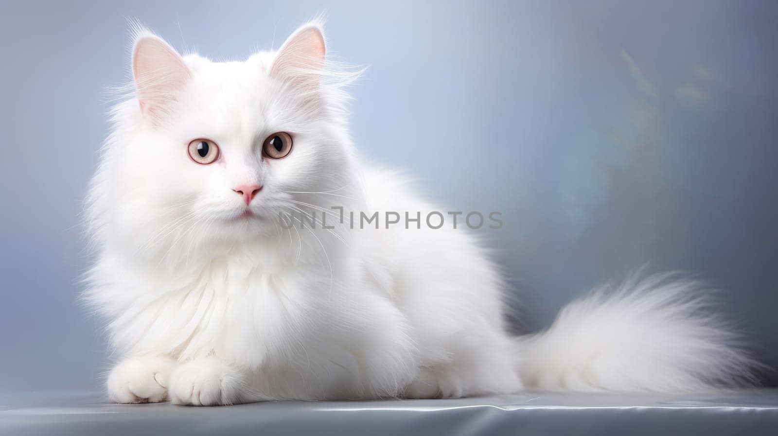Happy, contented and cute cat, white and fluffy. Advertising holidays for animals, travel agency, pet store, modern training and courses, animators, holiday goods, veterinary medicine, veterinary pharmacy.