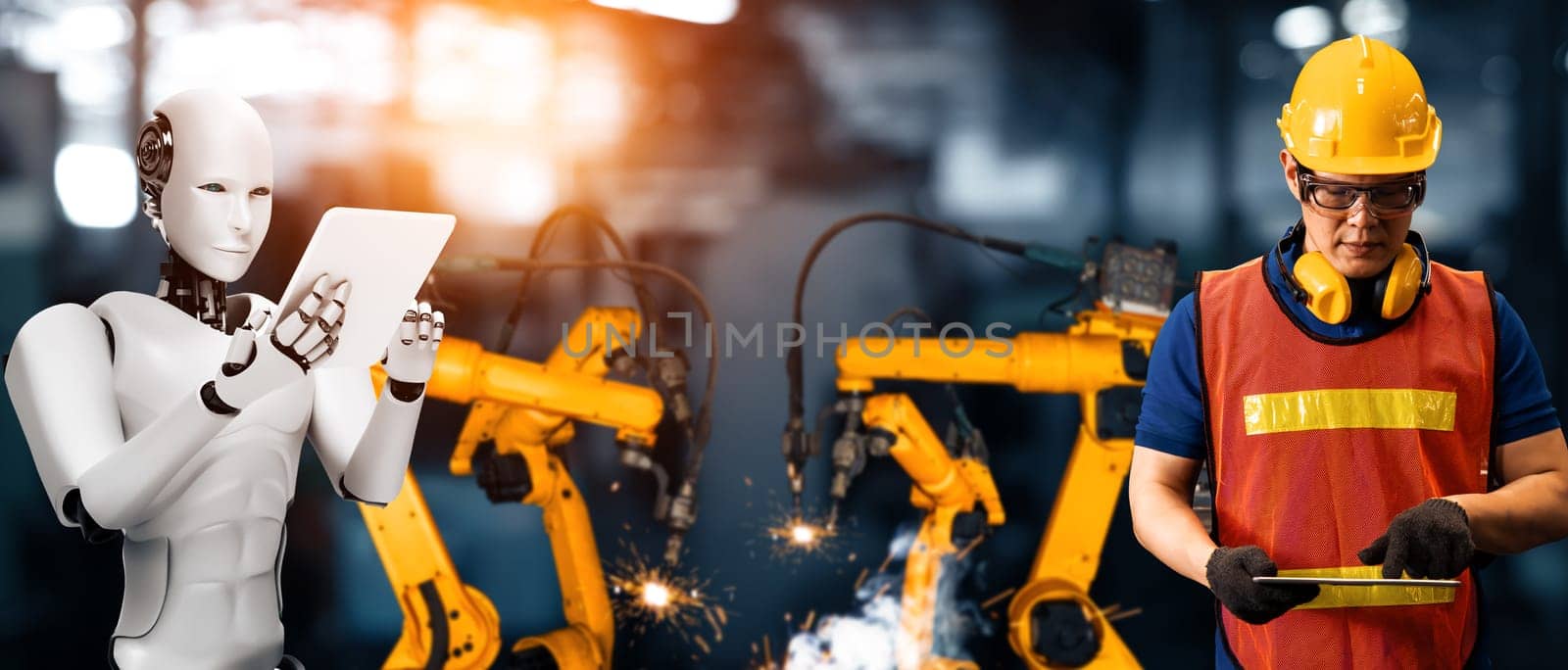 MLP Mechanized industry robot and human worker working together in future factory. Concept of artificial intelligence for industrial revolution and automation manufacturing process.