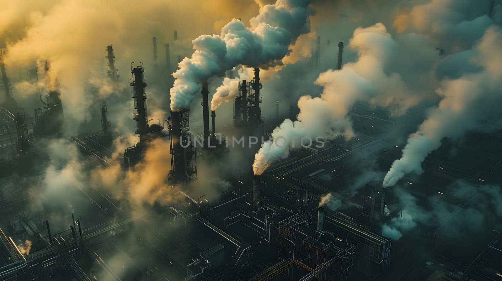 An aerial view of a factory emitting smoke into the sky. The landscape is covered in clouds as pollution fills the air with gas and heat