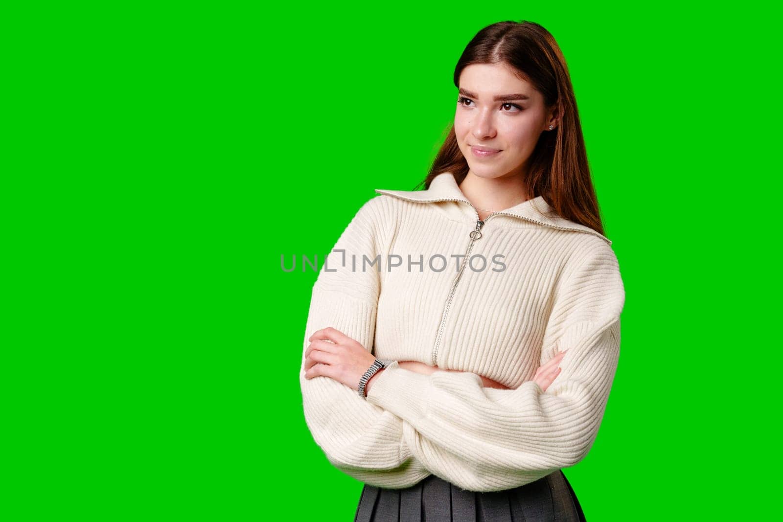 Woman in Skirt and Sweater Posing for Picture by Fabrikasimf