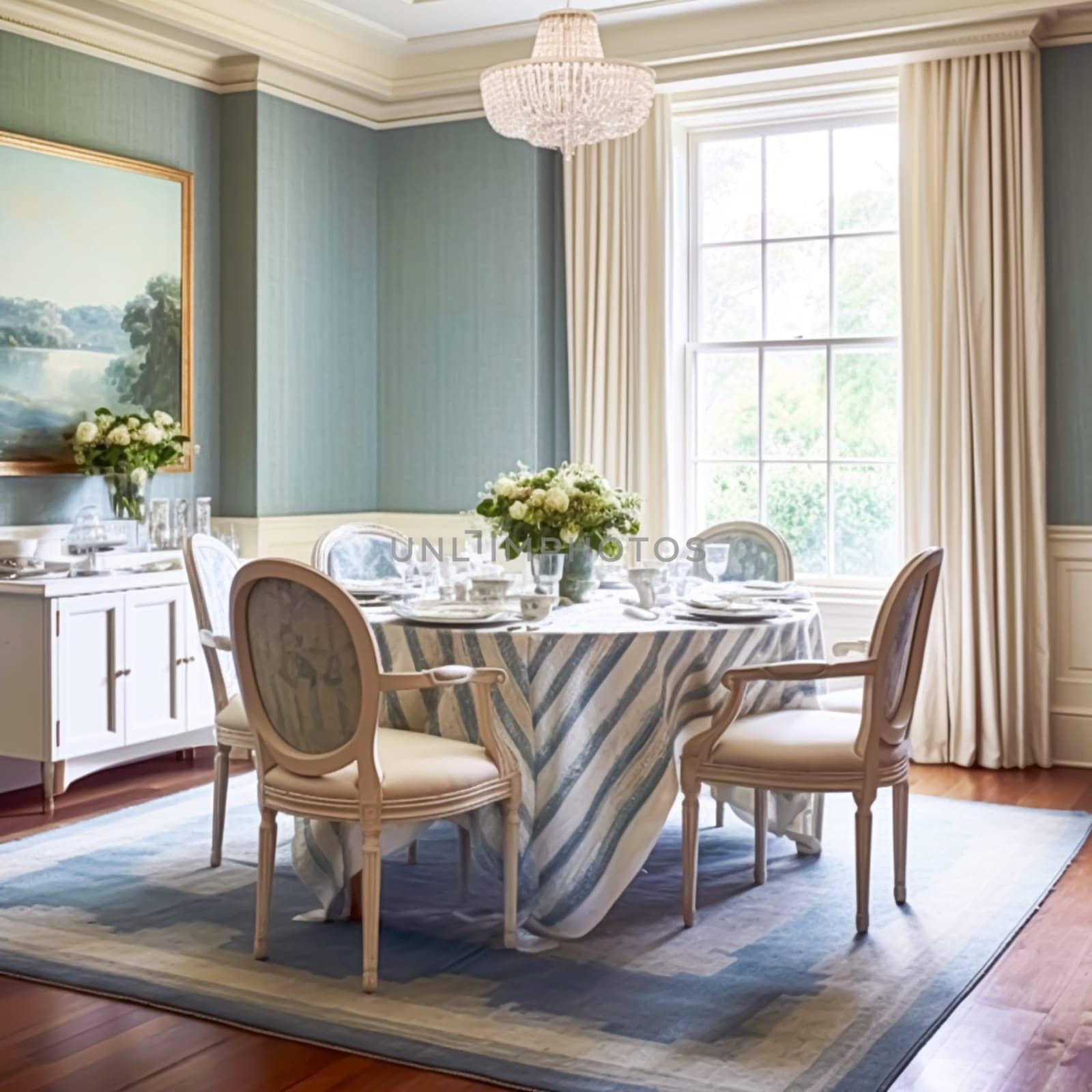 Dining room decor, interior design and house improvement, elegant table with chairs, furniture and classic blue home decor, country cottage style idea