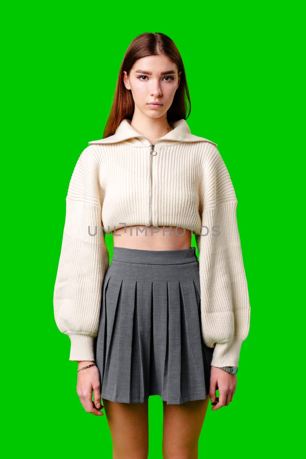 Woman in White Sweater and Gray Skirt