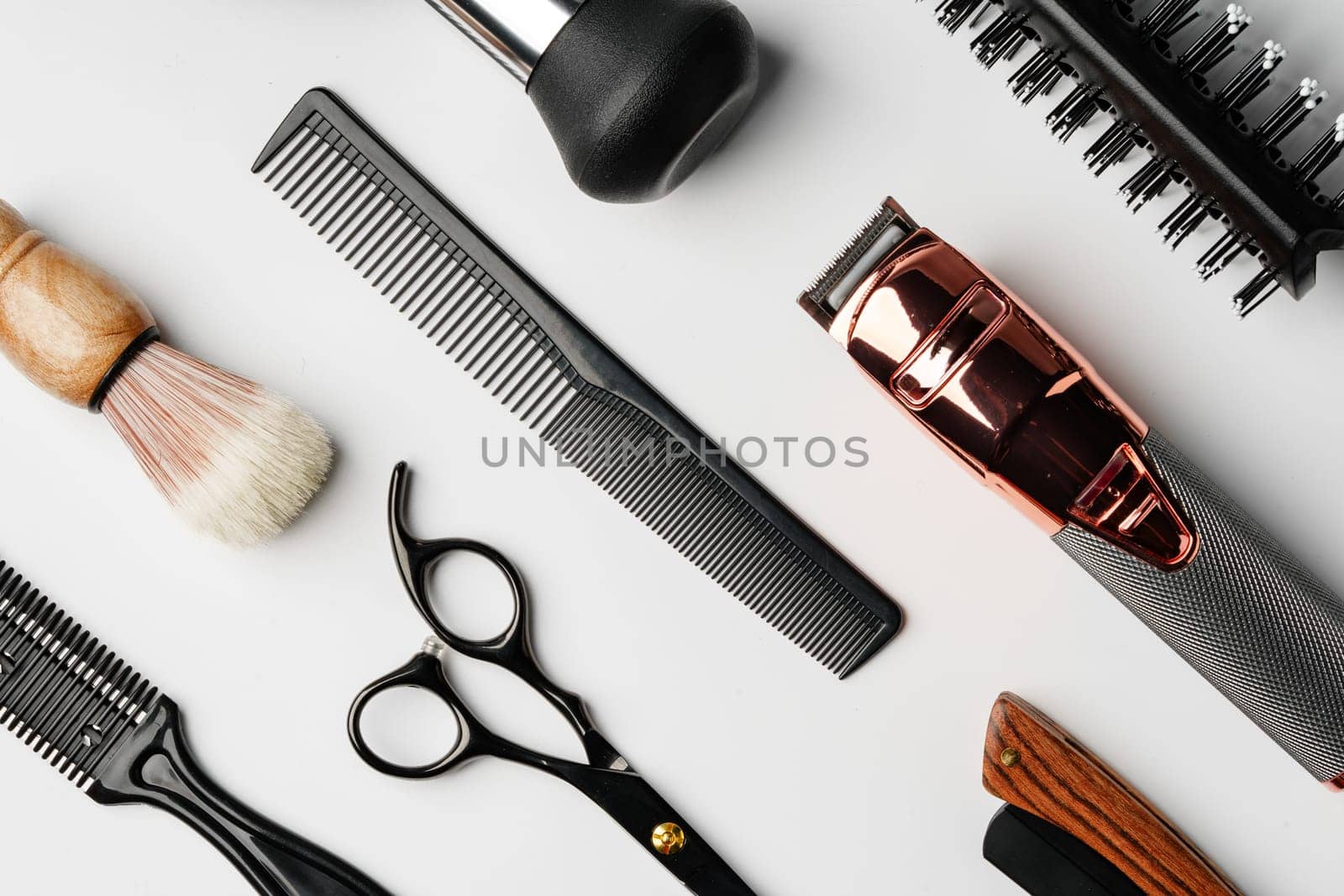 Pattern of various shaving and bauty care accessories for men on gray background by Fabrikasimf