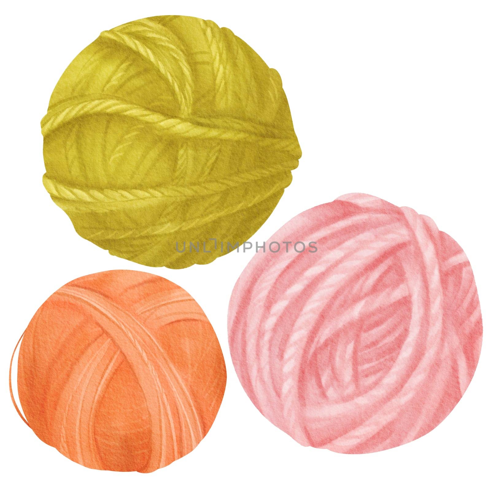 A collection of assorted yarn skeins. Yarn balls crafted from cotton and wool. green, orange and pink. Watercolor isolated elements for crafting enthusiasts, textile designs, and knitting tutorials.