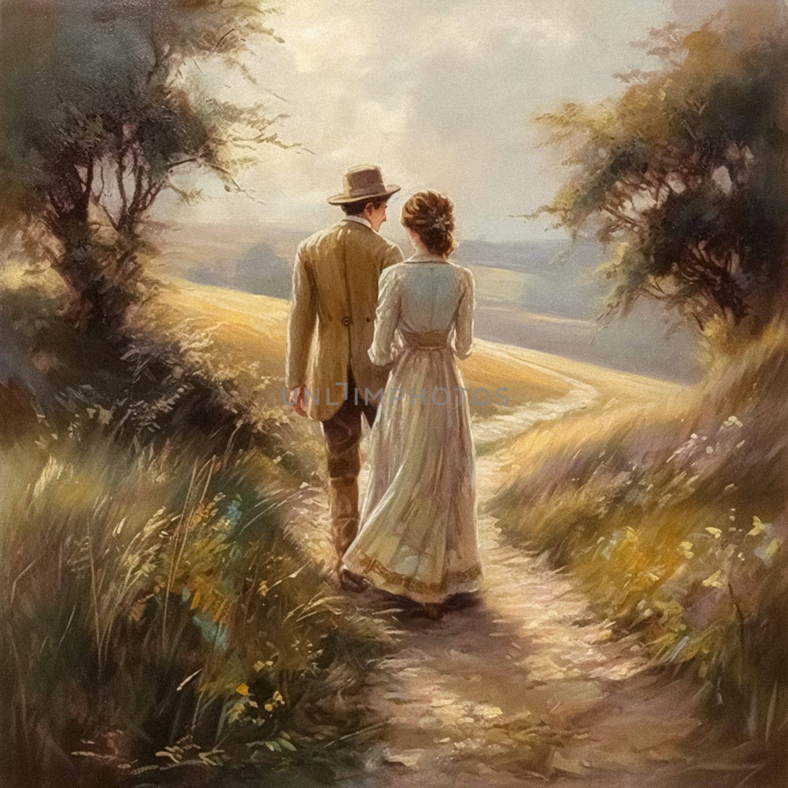 Oil style fine art painting of romantic vintage couple in the English countryside, country nature in soft pastel colours, evoking a sense of love and natural beauty, printable art by Anneleven