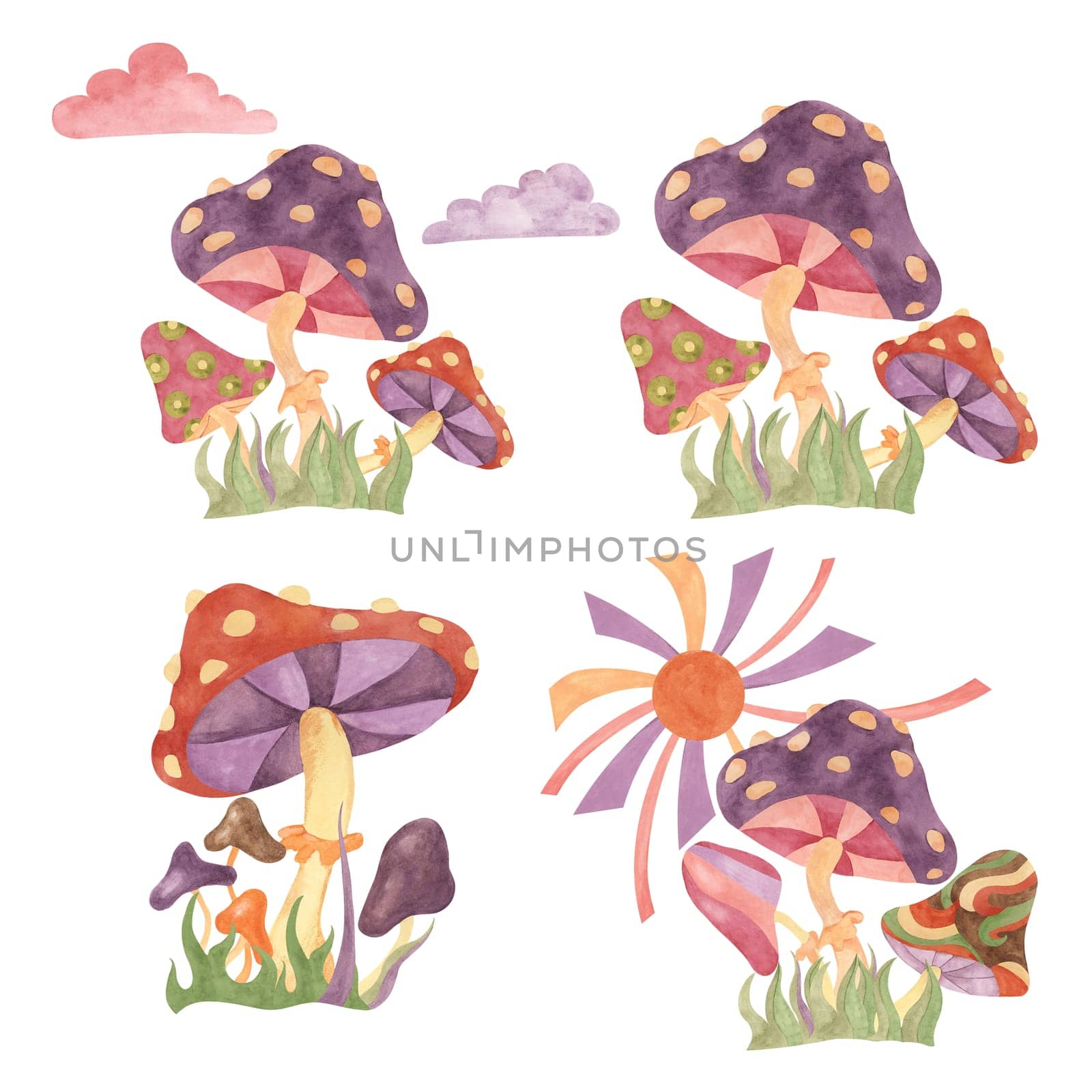 Retro hippie mushrooms, grass, sun, clouds set. Hippie psychedelic groovy fungus cliparts bunch. Watercolor groovy compositions for t-shirt printing by Fofito
