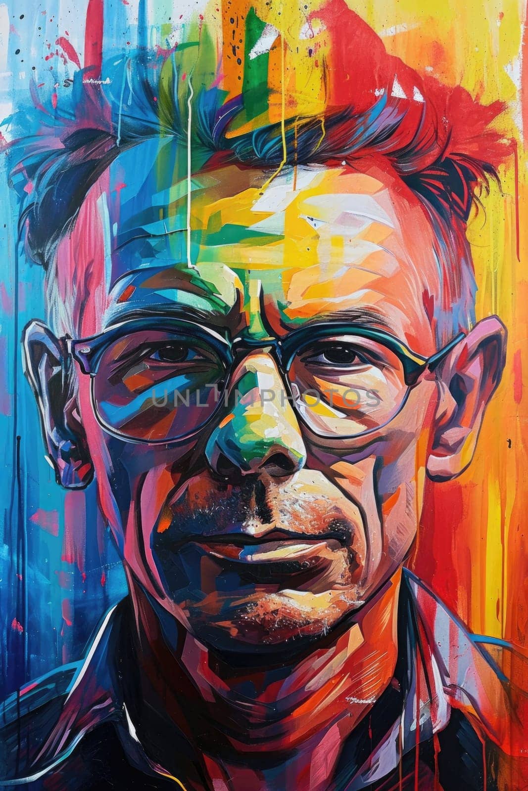 The comic colourful picture of the short hair male adult human head and has been wearing sunglasses with straight face yet picture fill with various colour that make picture fill with emotion. AIGX01.