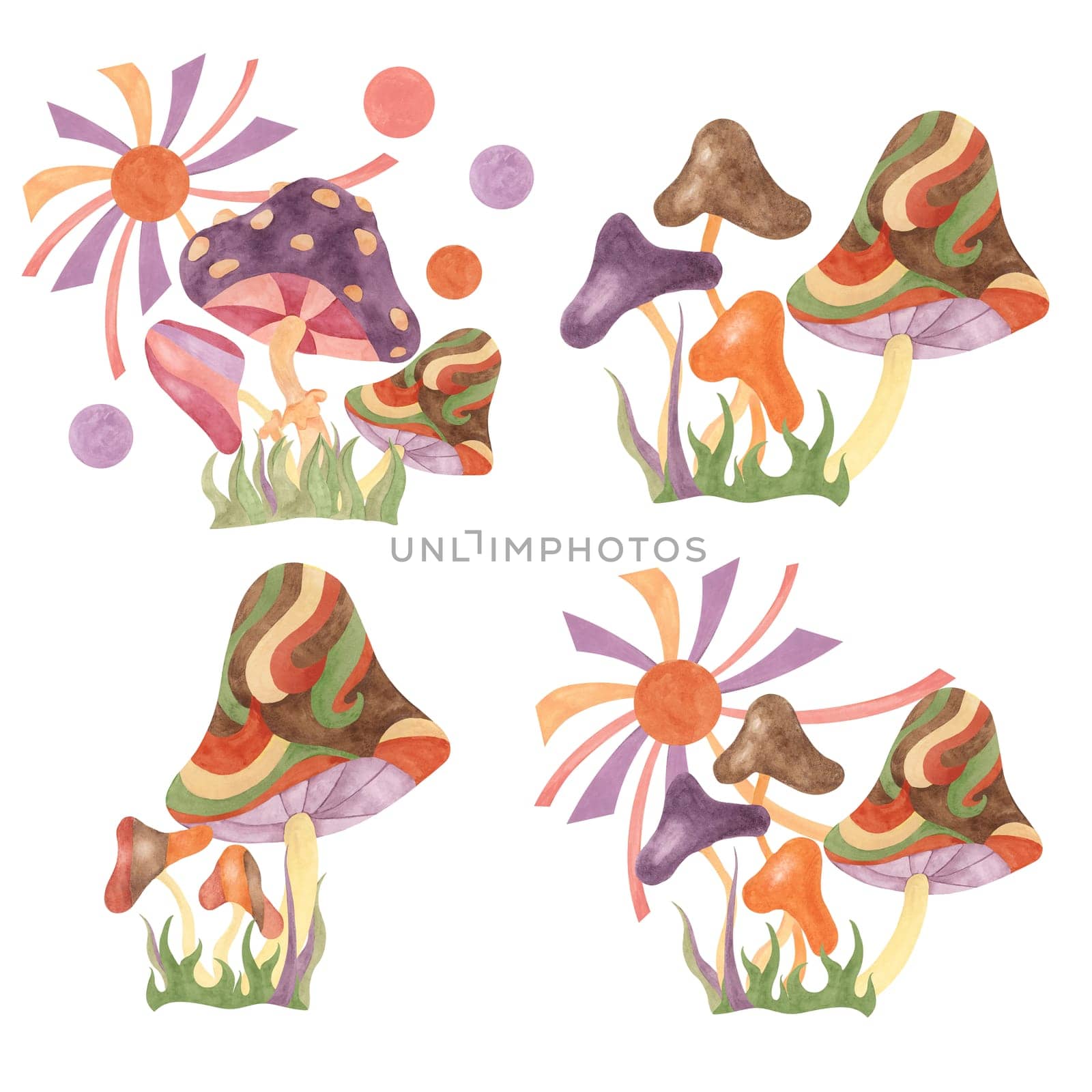 Retro hippie mushrooms, grass, sun, clouds set. Hippie psychedelic groovy fungus cliparts bunch. Watercolor groovy compositions for t-shirt printing by Fofito