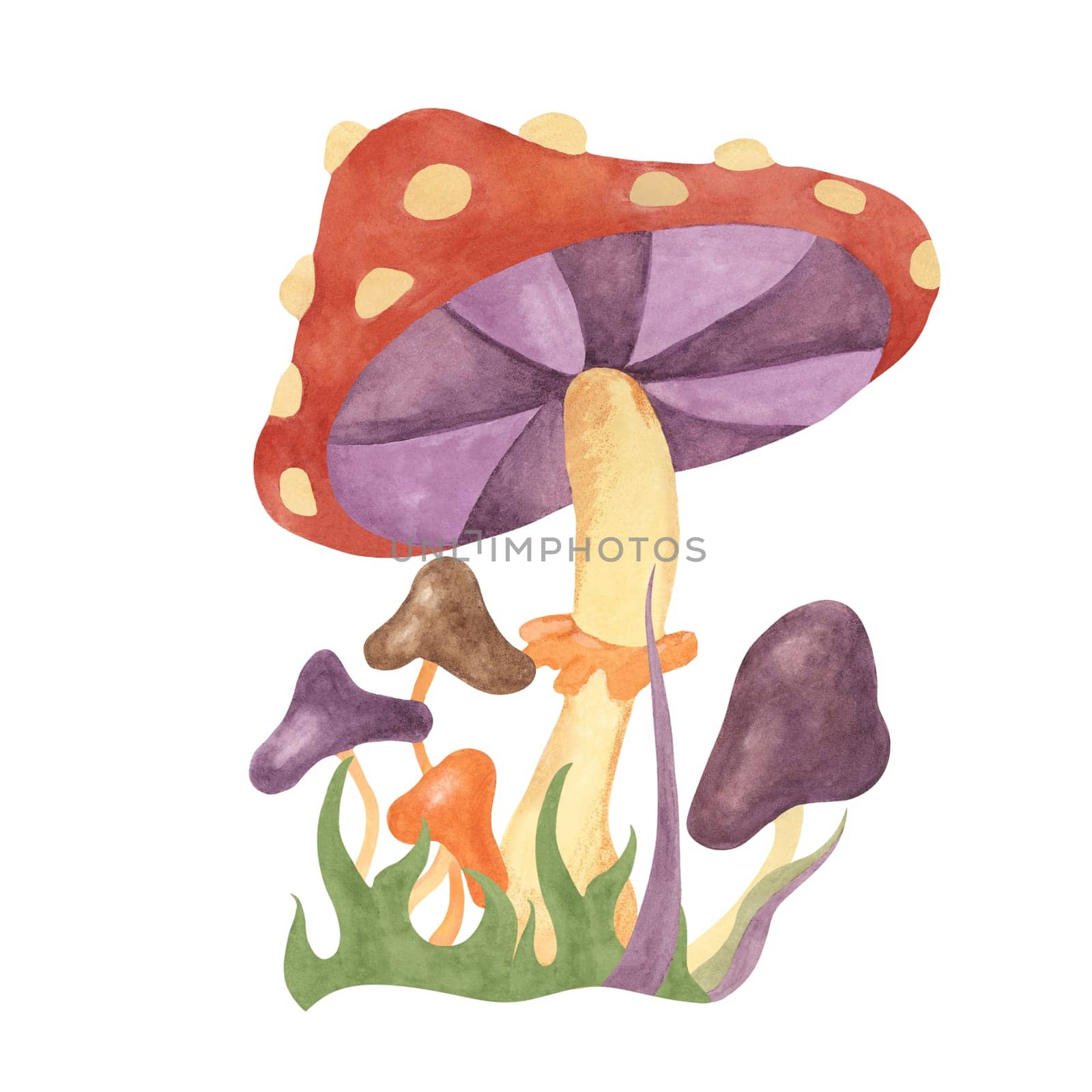 Retro hippie mushrooms and fly agaric in 1970s style. Hippie psychedelic groovy fungus clipart. Watercolor indie illustration for flower power sticker, nostalgic design, printing, quote, t-shirt