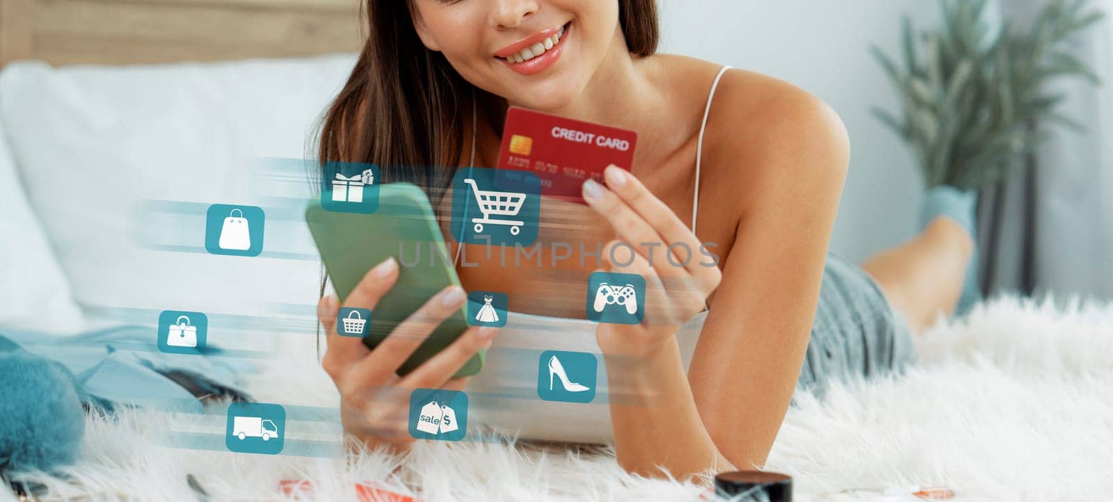 Elegant customer wearing white tank top holding credit card typing phone choosing online platform. Smart consumer opening e-commerce application use cashless technology shopping inventory. Cybercash.