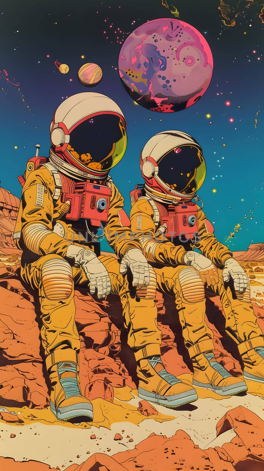 Astronauts enjoying a leisurely moment on a rock in a fictional painting by Nadtochiy