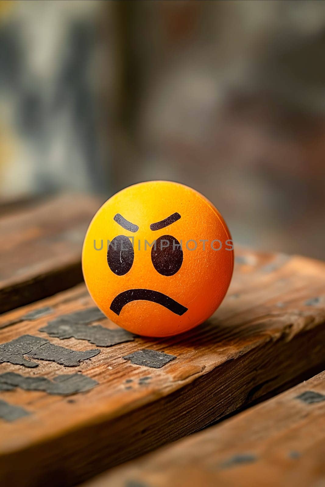 A small orange egg with a frowning face on it. The egg is sitting on a wooden surface. Generative AI