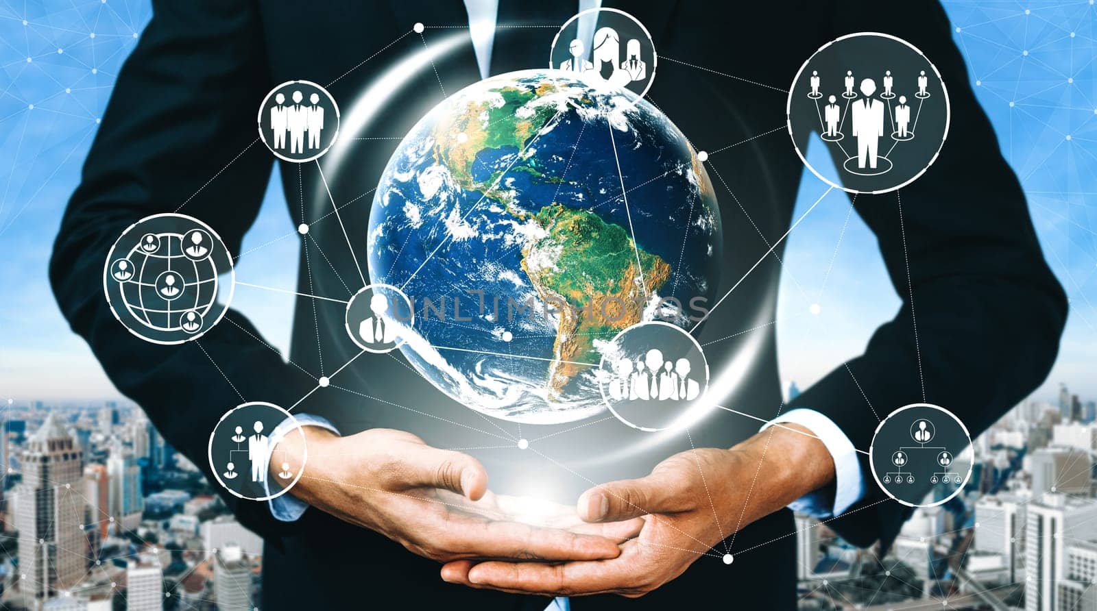 People network and global communication concept. Business people with modern interface of community linking many people around world by social media platform to connect international business. uds