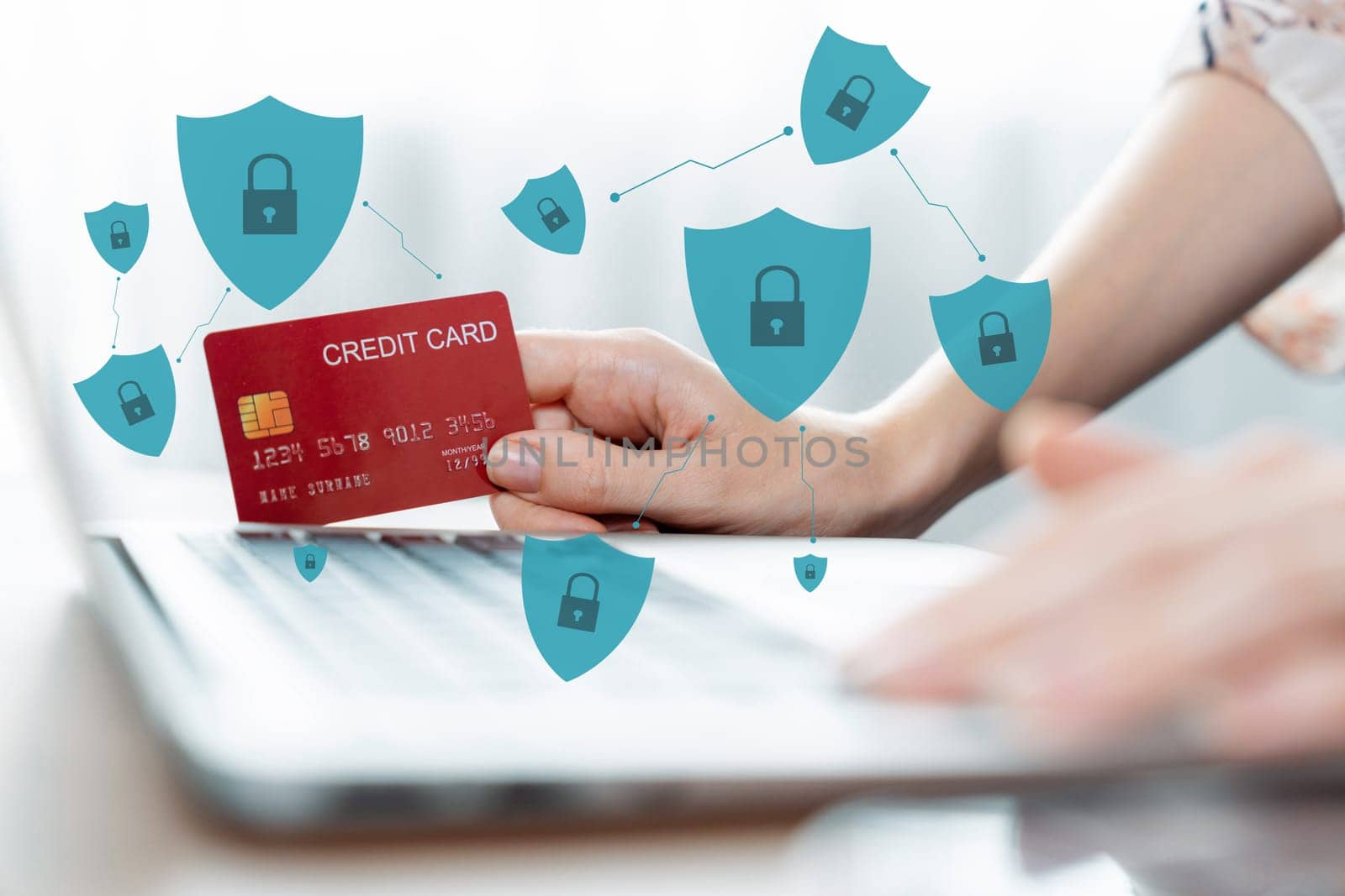 Elegant customer with hologram using credit card for authentication. Cybercash. by biancoblue