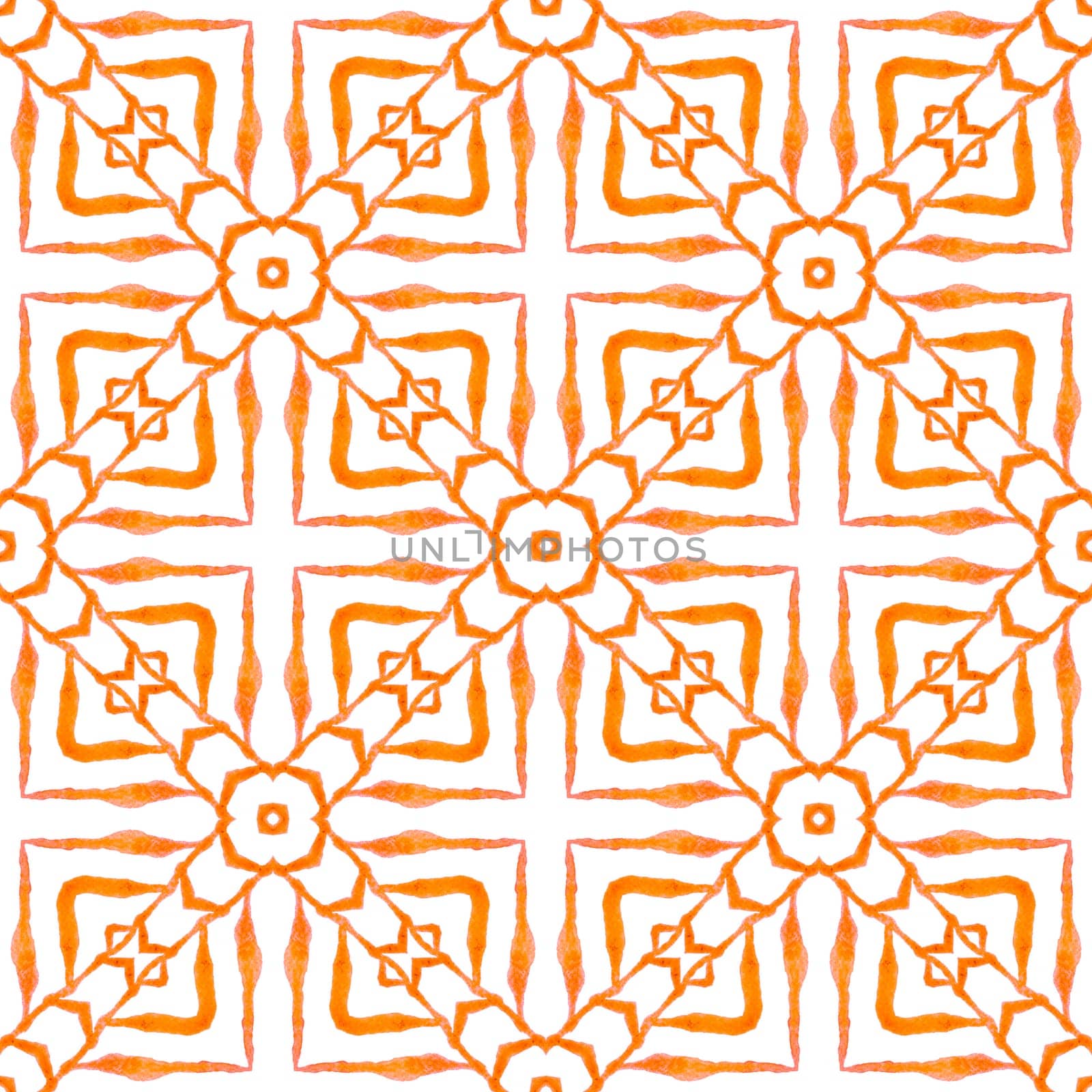 Textile ready incredible print, swimwear fabric, wallpaper, wrapping. Orange authentic boho chic summer design. Tiled watercolor background. Hand painted tiled watercolor border.
