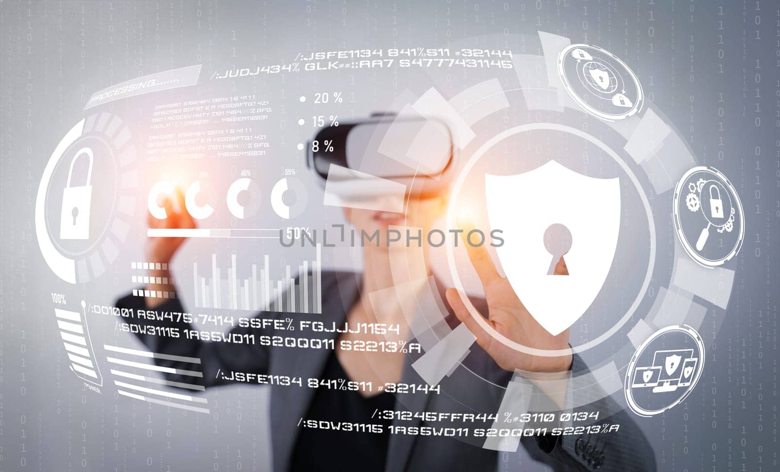 Caucasian project manager pointing finger while accessing security system. Skilled business woman looking at identity security protection system while wearing visual reality goggles. Contraption.