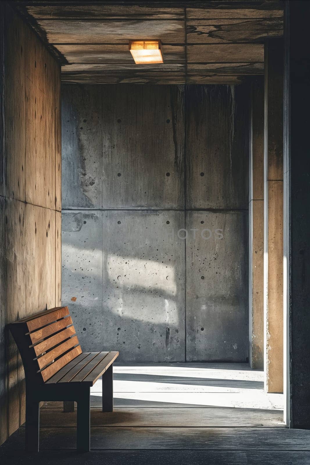 A bench is in a hallway with a light shining on it. Generative AI