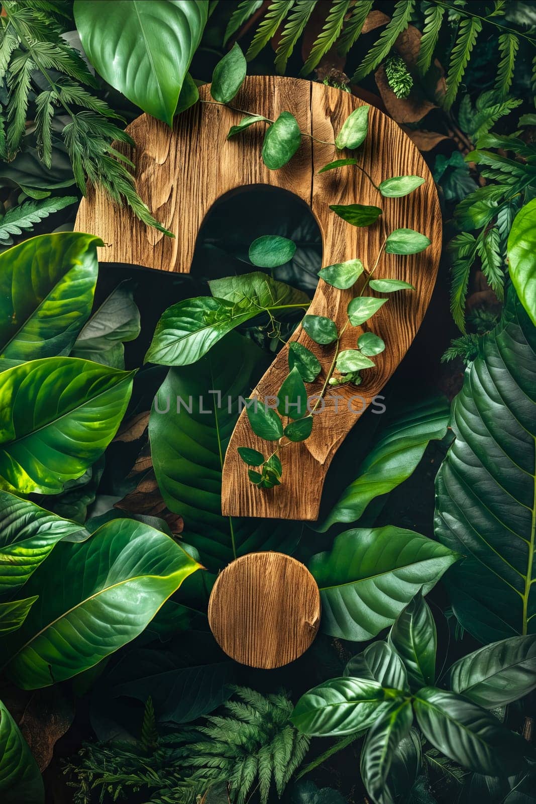 A wooden question mark is surrounded by green leaves. The leaves are arranged in a way that makes the question mark look like it is growing out of the leaves. The image has a natural. Generative AI