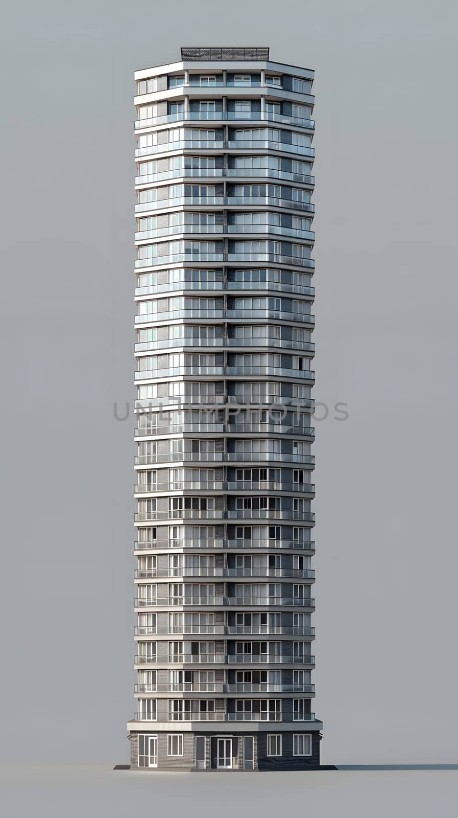 A skyscraper with numerous windows and balconies, resembling a cylindrical tower block. It stands tall in the urban design with a modern condominium vibe