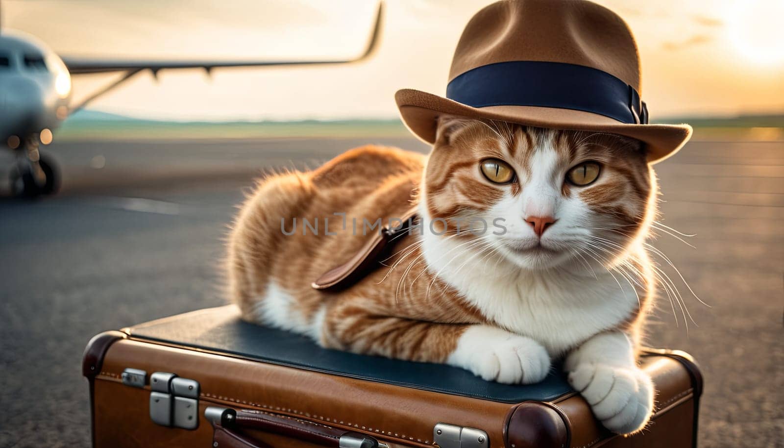 Traveler cat at airport, private jet awaits. Cat adorned with stylish hat sits atop suitcase, evoking sense of companionship in travel