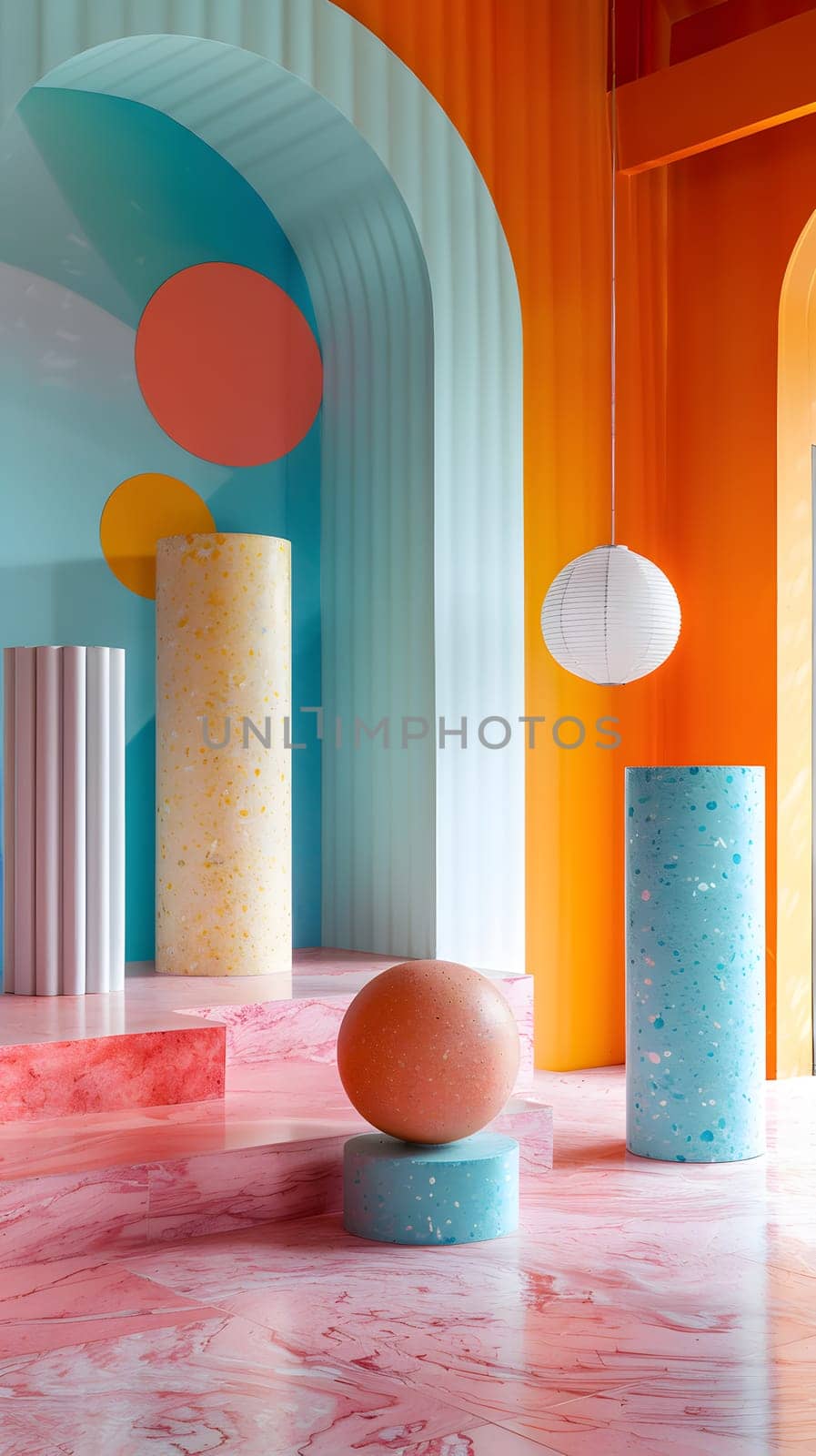Vibrant room with colorful objects on walls and floor by Nadtochiy