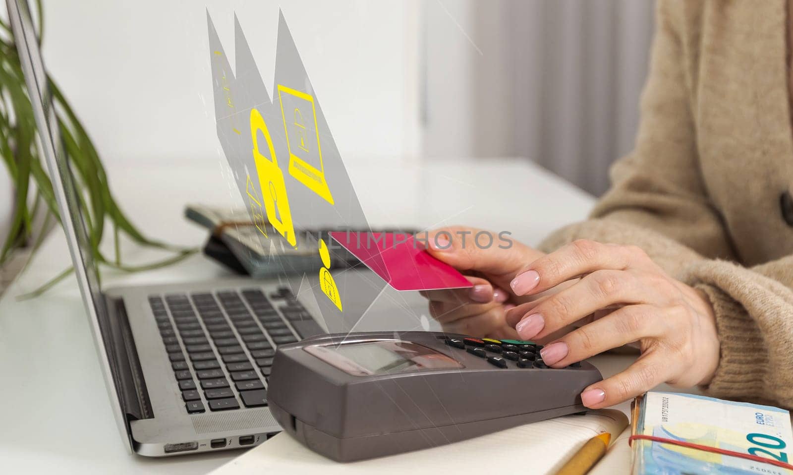 data security and encryption, secure access to user personal data, secure internet access, cyber security. Businessman touching an icon key through the virtual screen, concept of cyber security.