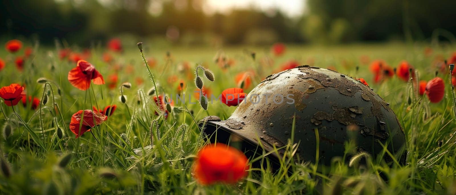 An old military helmet lies nestled in a field of swaying red poppies, a powerful image representing the price of freedom and the enduring memory of those who served. by sfinks