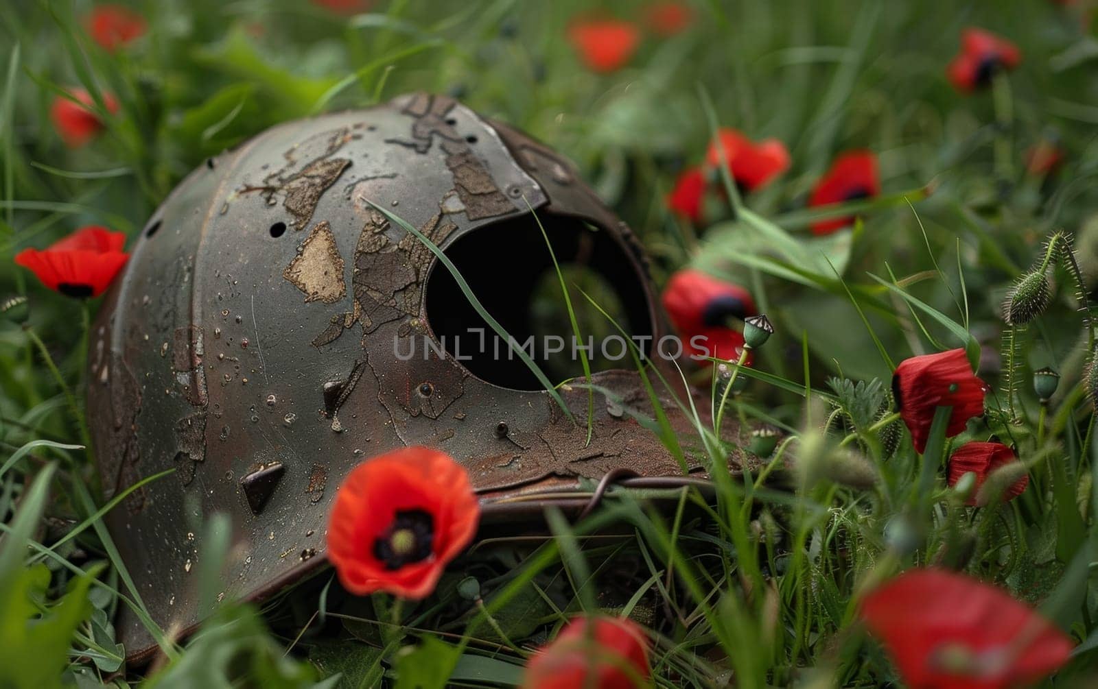A weathered helmet sits forgotten among blooming poppies, a symbol of past conflicts amidst life's resilience