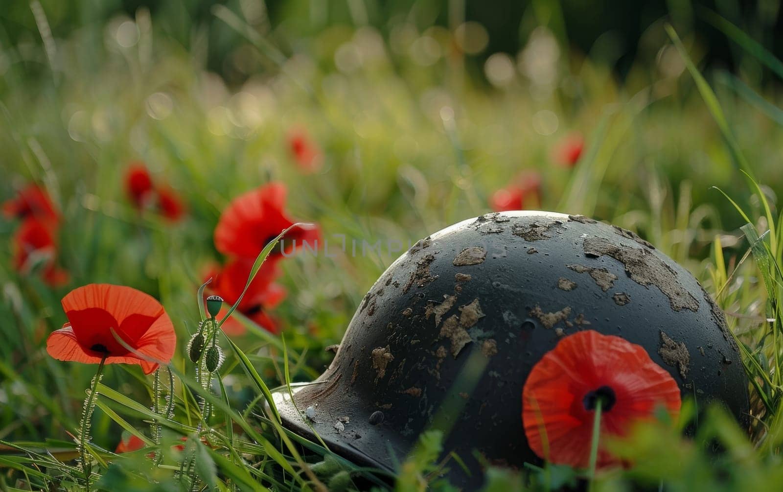 Morning dew adorns an old helmet and poppies, symbolizing remembrance and the dawn of peace