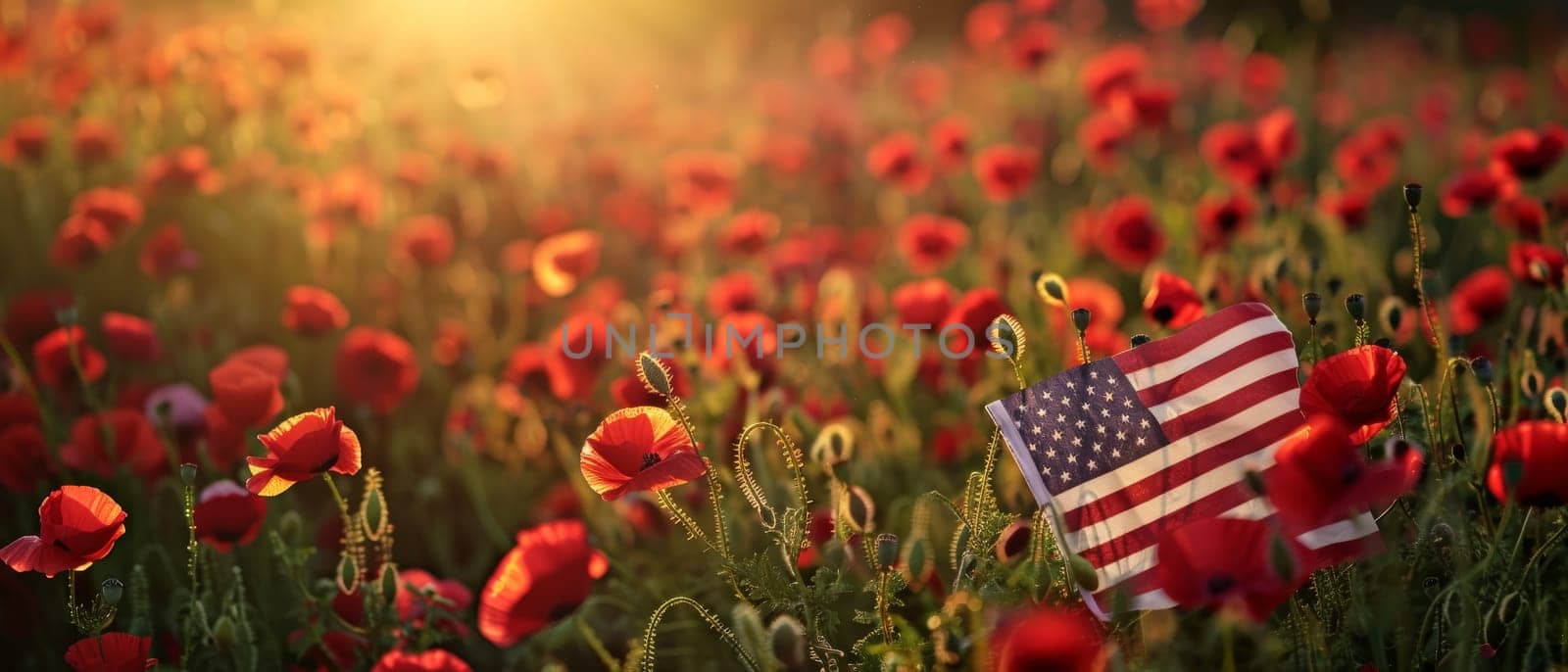 As the sun sets, the red poppies in the field seem to glow with a warm, fiery light, creating a serene and contemplative scene of remembrance