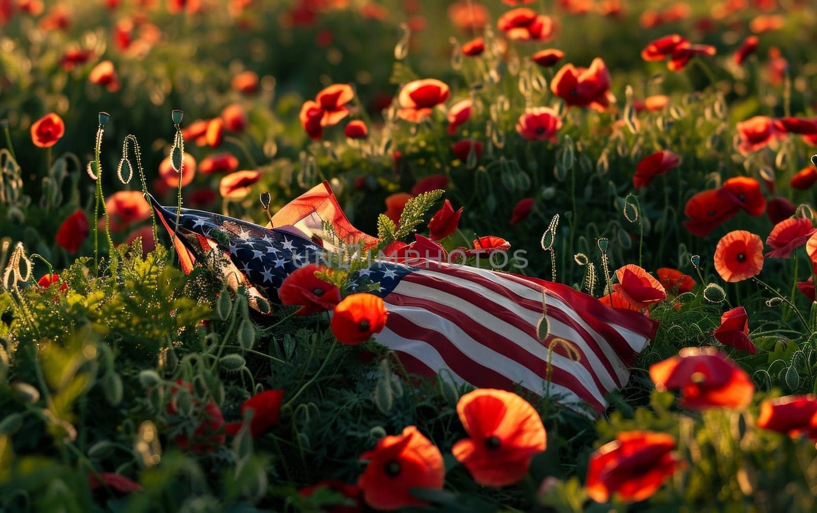 The American flag reclines among a blanket of red poppies as the sun sets, a poignant reminder of valor and sacrifice