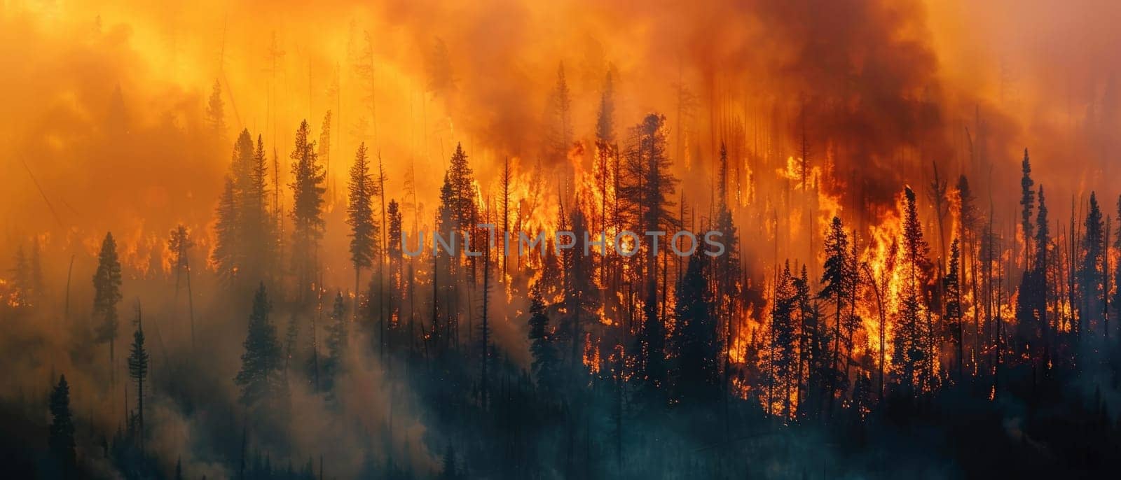 An out-of-control forest fire rages across the landscape, with towering flames and thick smoke consuming the trees in a terrifying display of nature's destructive might