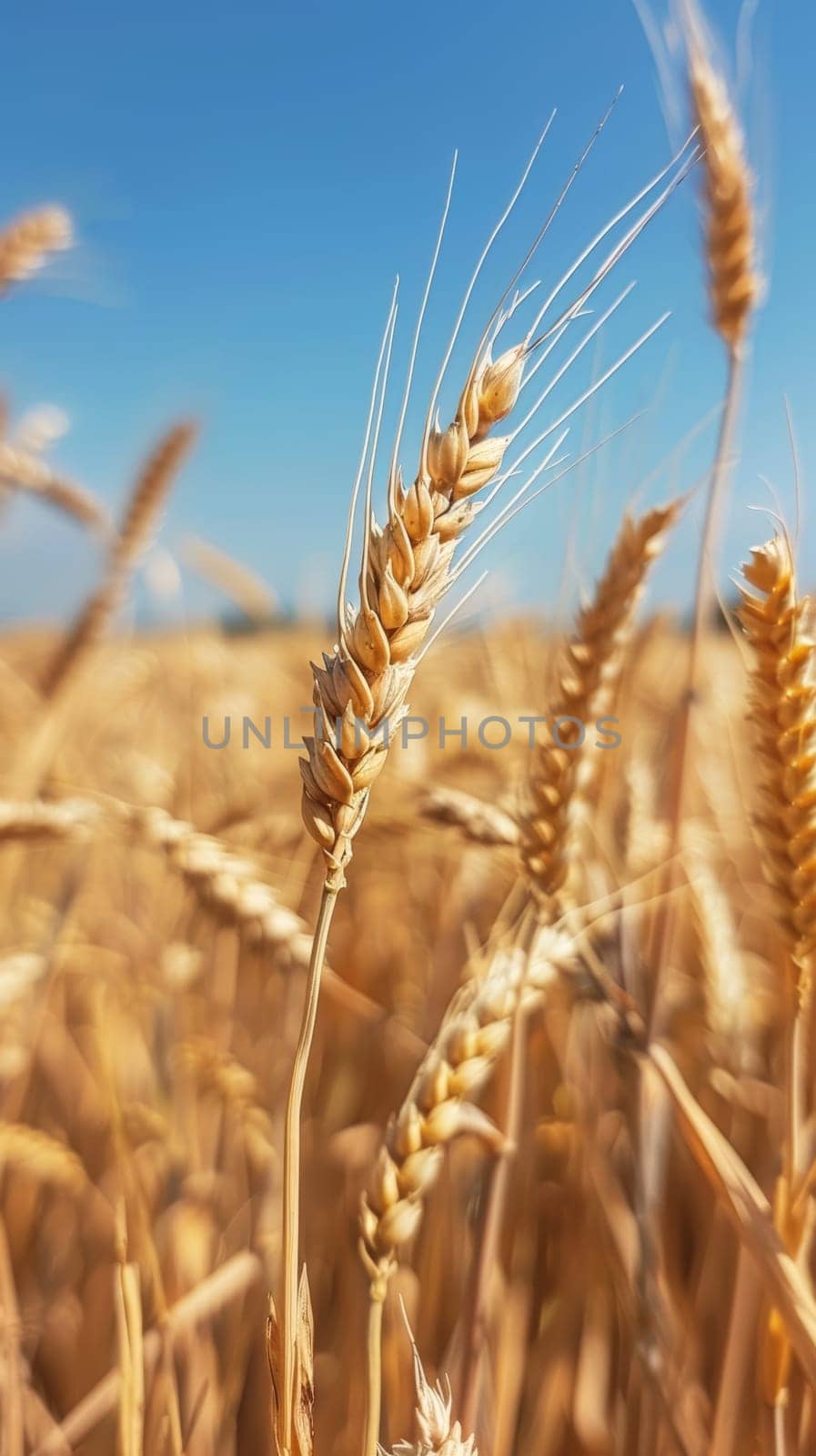 Closeup of golden ears of wheat in a sunlit field, with a clear blue sky and fluffy white clouds in the background, capturing the essence of a bountiful harvest