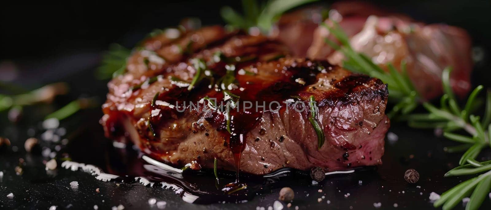 A succulent slice of marinated beef with a glistening, balsamic-glazed exterior and a vibrant red interior, surrounded by aromatic rosemary and other fresh herbs. by sfinks