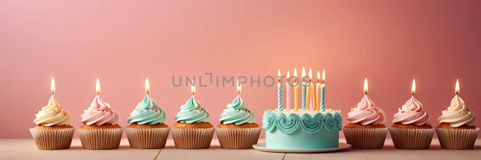 Colorful cupcakes with lit candles are displayed against a pink background, indicating an indoor celebration event marking of joy and celebrating. with free space by Matiunina