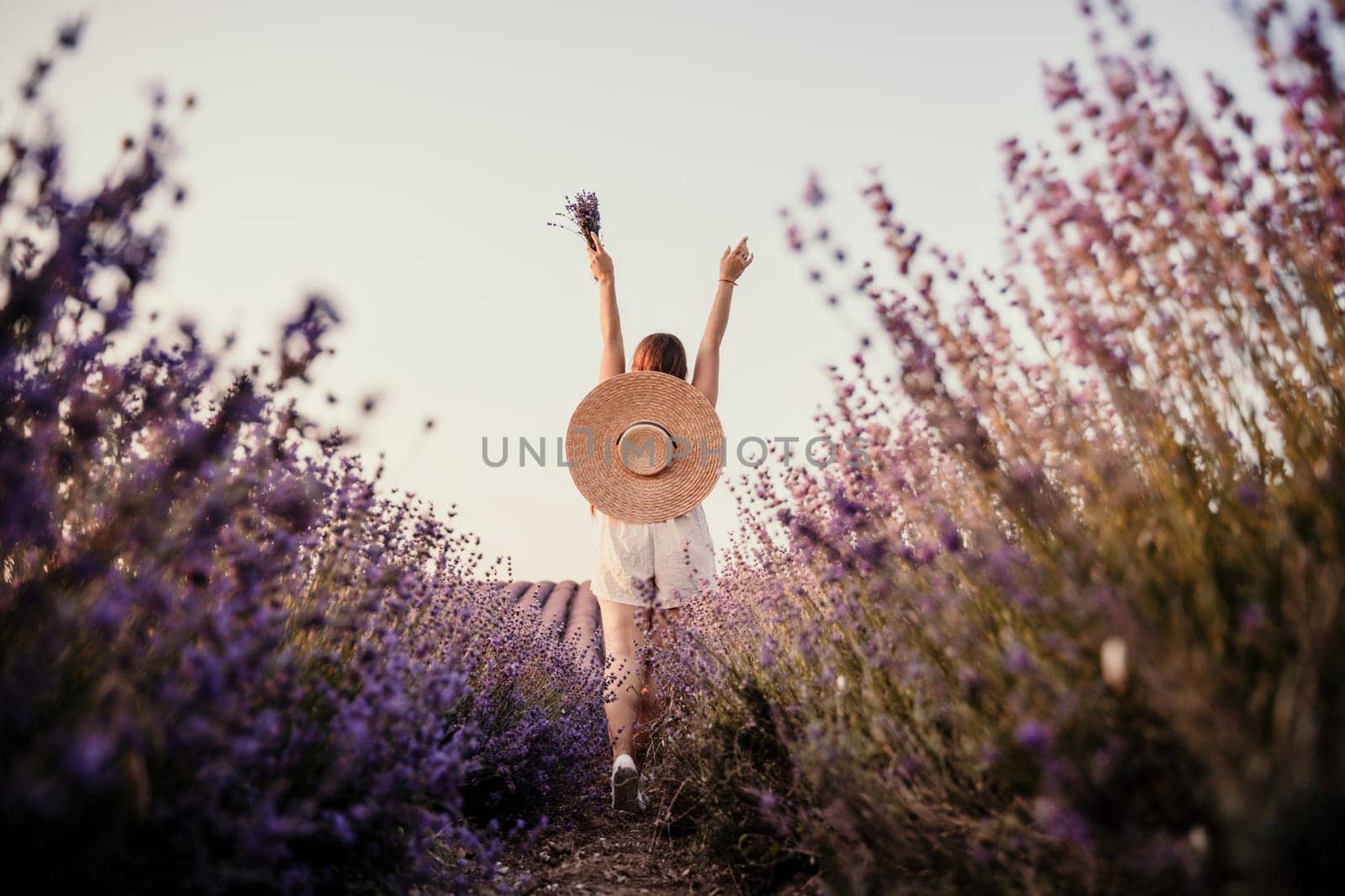 A woman is walking through a field of purple flowers with a straw hat on by Matiunina