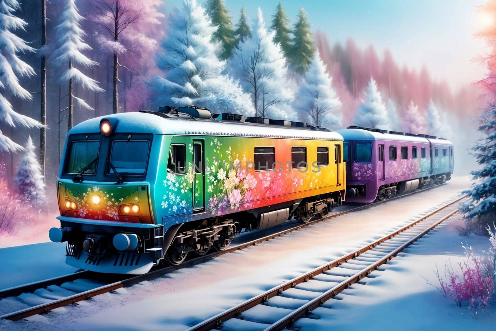 a colorful train with floral painting travels through the forest in winter, in pastel colors .