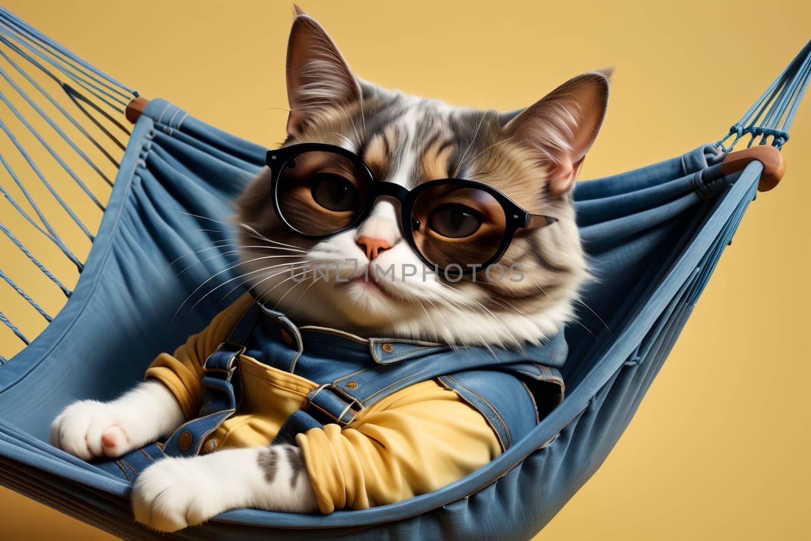 cat lies in a hammock, vacation, isolated on a yellow background, art .