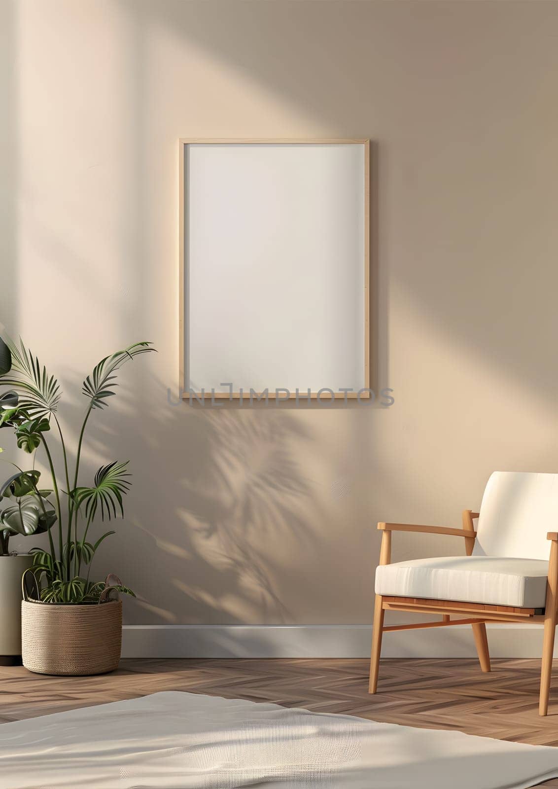 A cozy living room with a comfortable chair, a potted plant on a hardwood floor, and a picture frame hanging on the wall