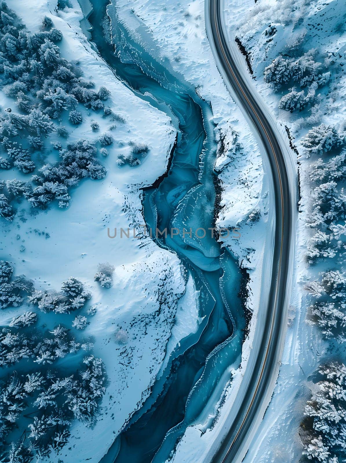 A winding road cuts through a snowy landscape, resembling a frozen watercourse with patterns of snow and ice, creating a picturesque natural scene