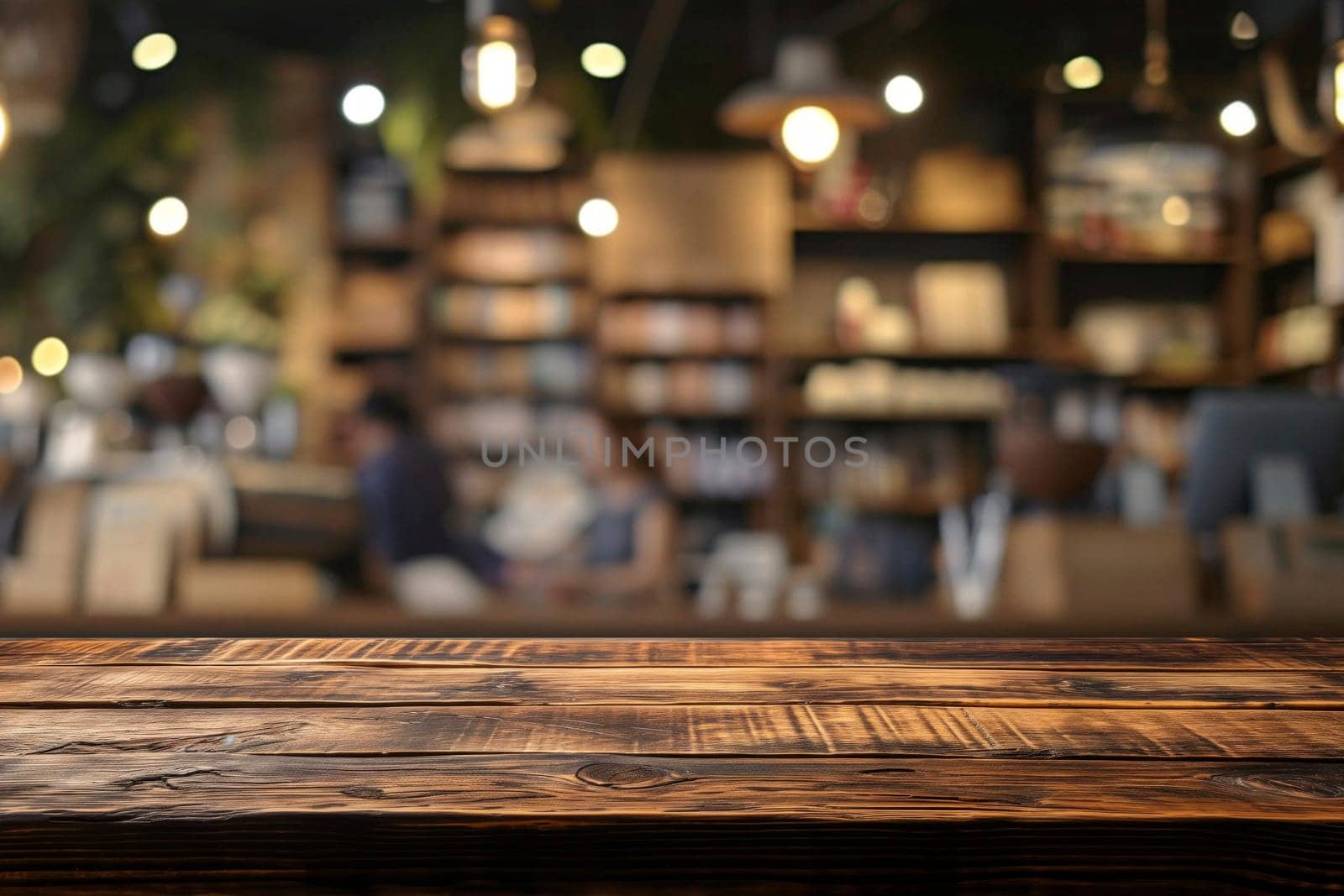 Empty wooden table for present product on coffee shop blur background. by ijeab