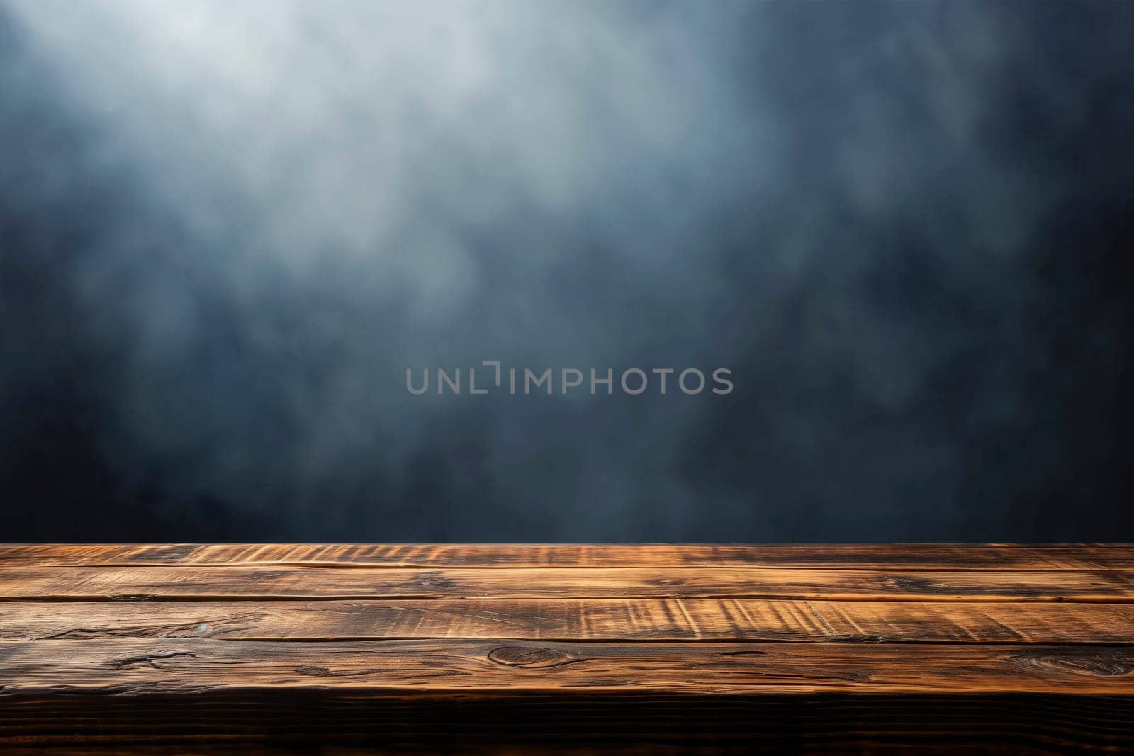 Empty wooden table for present product on misty dark background.