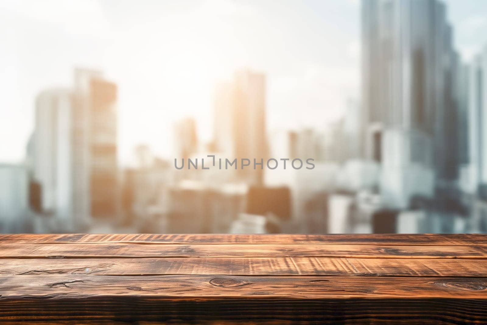 Wooden Table Top With Blurred City Background by ijeab