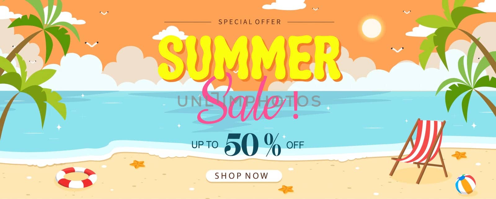 Summer sale promotion banner. Sunset beach with ocean wave, inflatable ring, star fish, parasol and tropical leaves on sand..