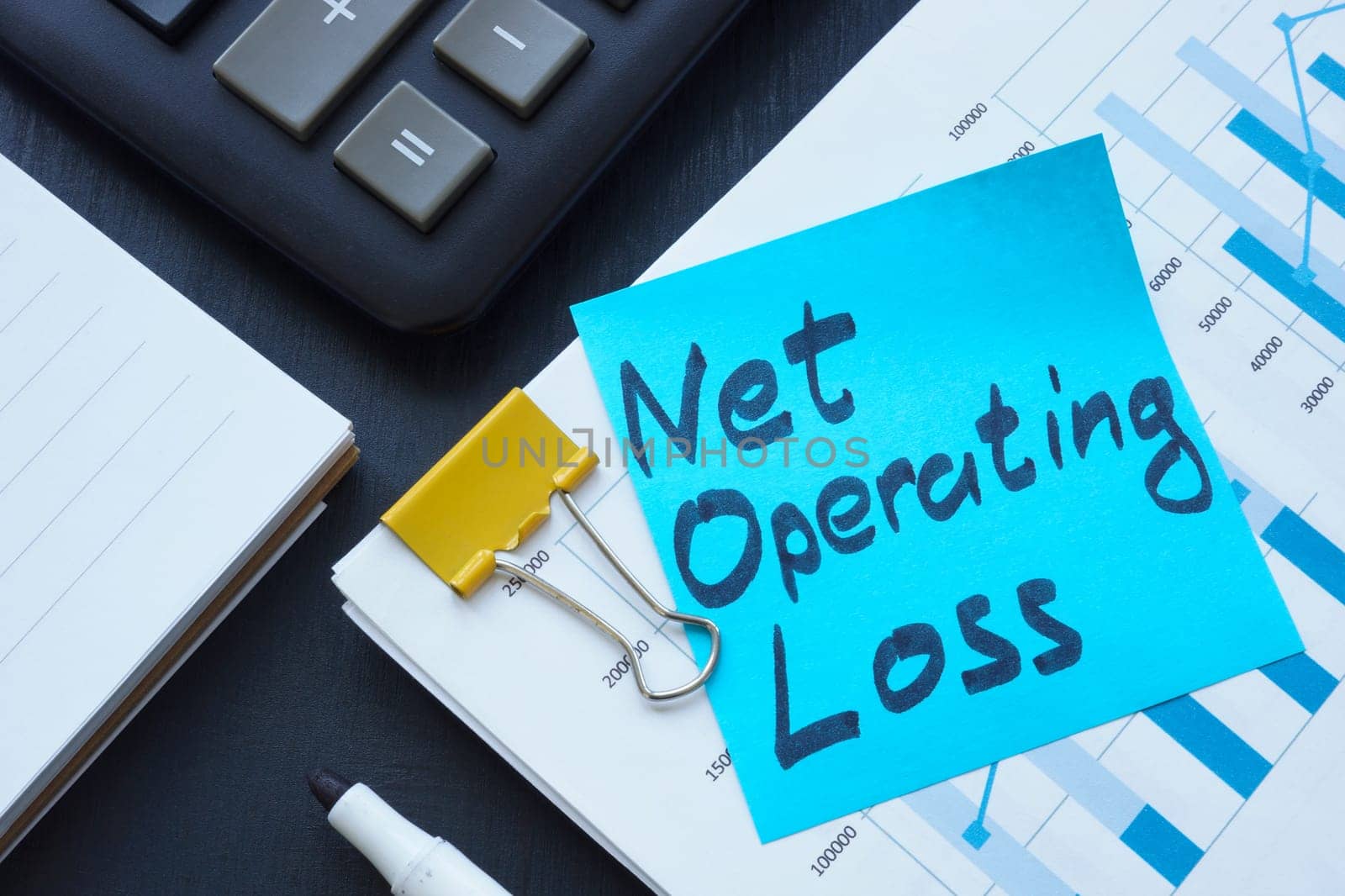 Business report and sticker with words Net operating loss. by designer491