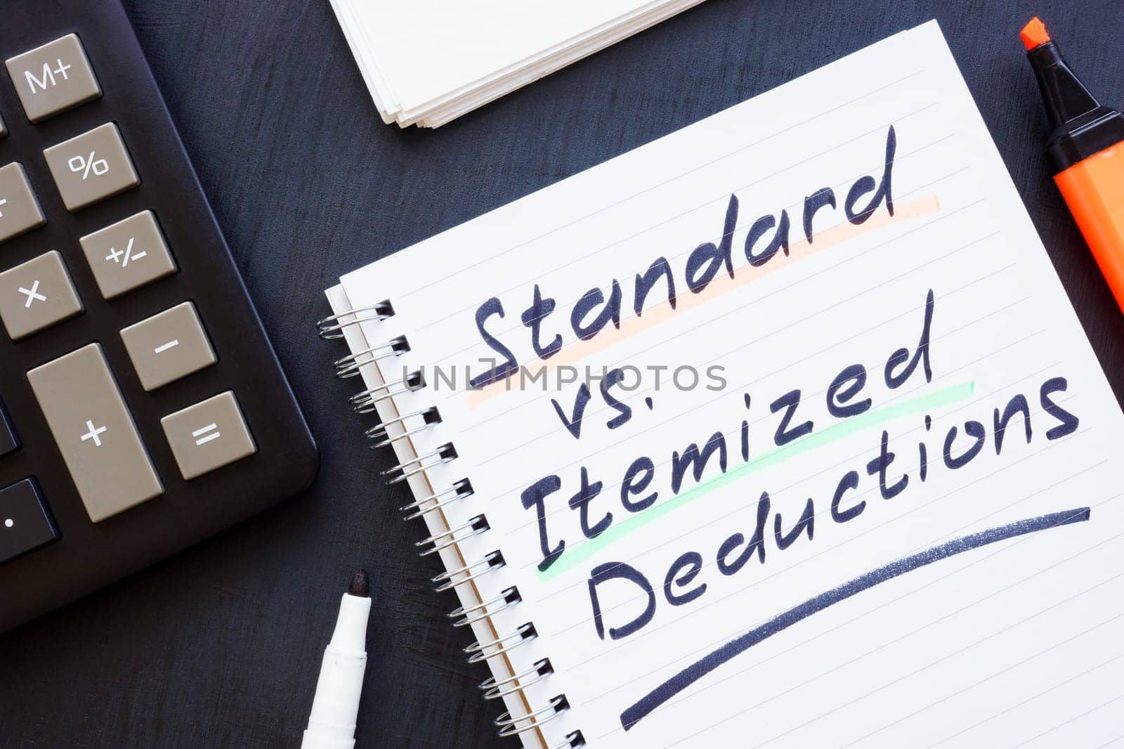 Open notepad and handwritten inscription. Standard vs Itemized deductions. by designer491