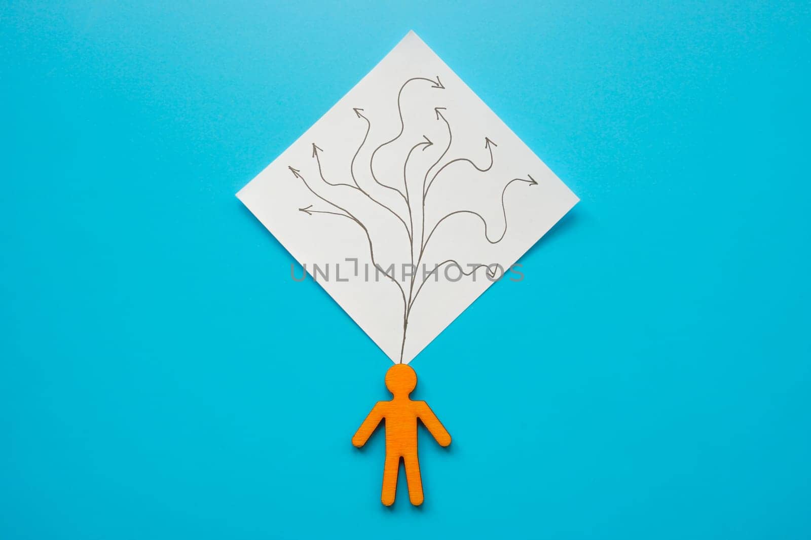A figurine with drawn arrows as symbol of thinking, doubt, and choosing the right option.