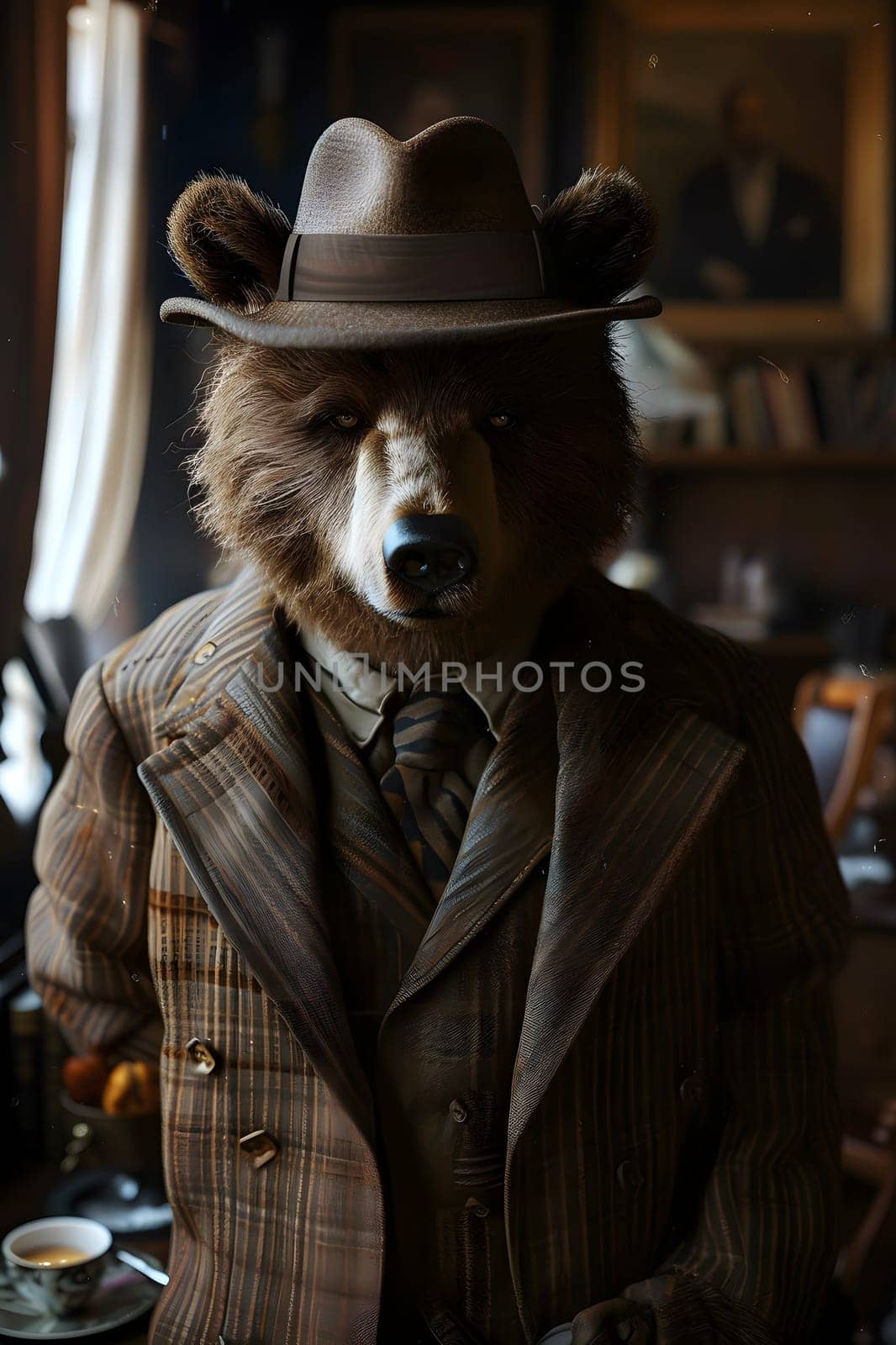 A stuffed bear with a Fedora hat stands in a room, a unique art piece by Nadtochiy