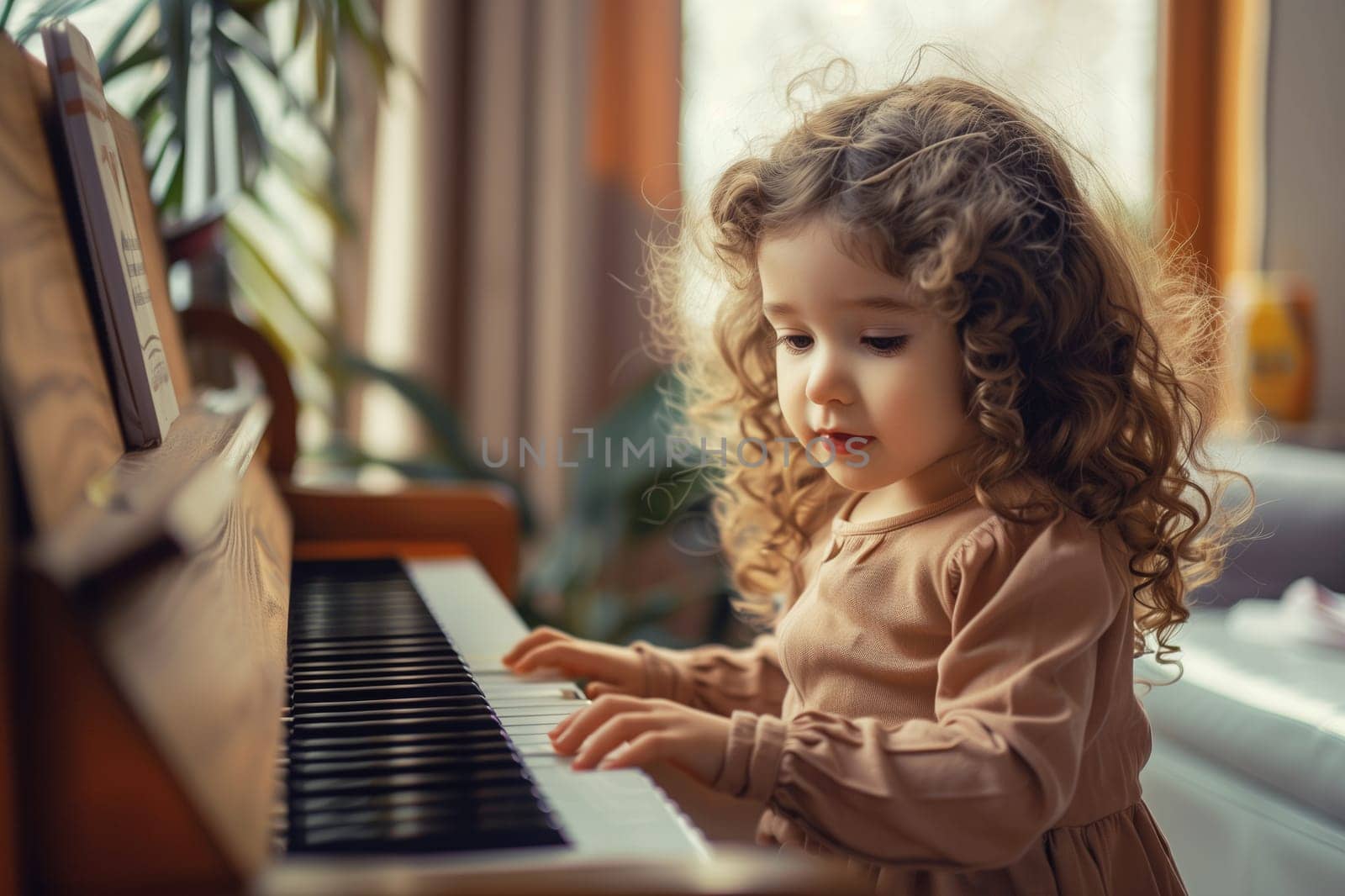 Child playing music on piano at home, creativity and hobby by Rohappy